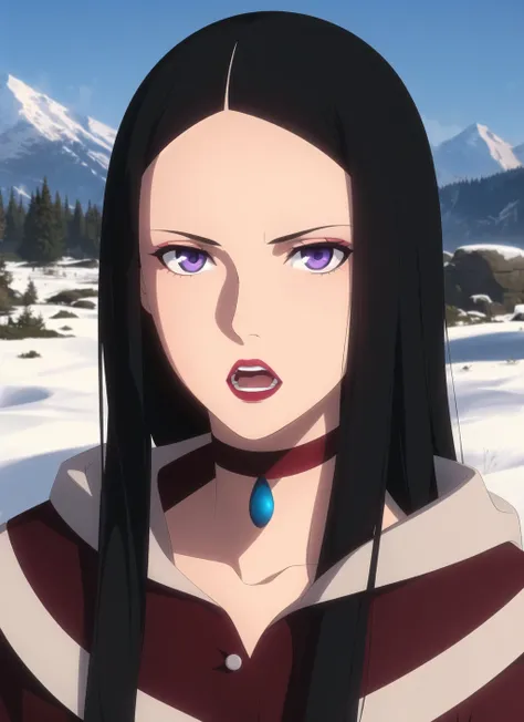 witcher, masterpiece, best quality, 1girl, solo, black hair, long hair, lipstick, purple eyes, choker, red lips, makeup, mountain, open mouth, night, parody, portrait, snow, <lora:witcher_offset:1>