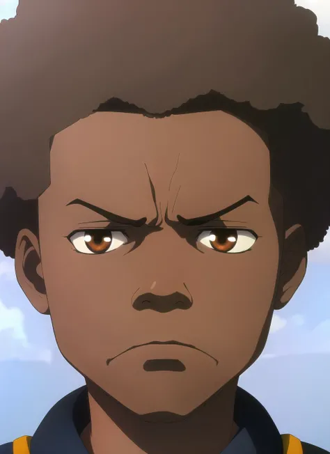 witcher, masterpiece, best quality, 1boy, male focus, solo, parody, dark skin, black hair, afro, dark-skinned male, child, looking at viewer, sad, frown, brown eyes, anime coloring,  closed mouth, portrait  <lora:witcher_offset:1>