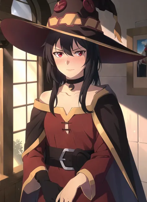 witcher, masterpiece, best quality, megumin, 1girl, bare shoulders, black cape, black gloves, black hair, blush, cape, choker, collarbone, dress, hair between eyes, hat, long sleeves, looking at viewer, medium hair, off-shoulder dress, off shoulder, red dress, red eyes, sidelocks, solo, witch hat, indoors, <lora:witcher_offset:1>