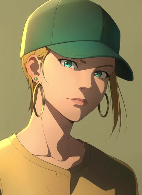 witcher, masterpiece, best quality, 1girl, aqua eyes, baseball cap, blonde hair, closed mouth, earrings, green background, hat, hoop earrings, jewelry, looking at viewer, shirt, short hair, simple background, solo, upper body, yellow shirt <lora:witcher_offset:1>