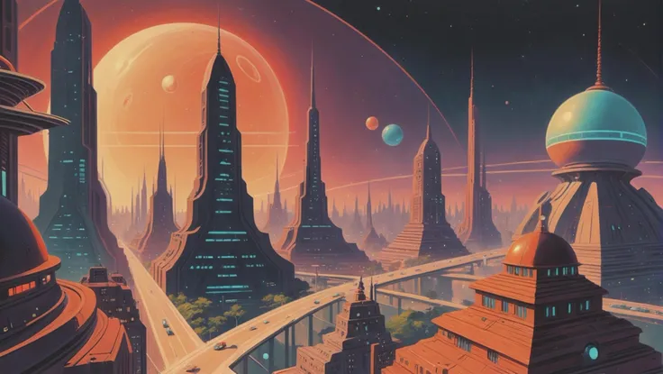 mid-century scifi, Cosmic,cheerful fantasy megacity outside of the universe<lora:EnvyStarlightMidCenturyScifi01:1:1:lbw=SDXL_STYLE>