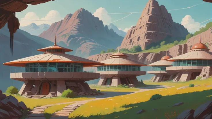 mid-century scifi, quaint,mountainside fantasy settlement in a Ancient Ruin Valleys<lora:EnvyStarlightMidCenturyScifi01:1:1:lbw=SDXL_STYLE>