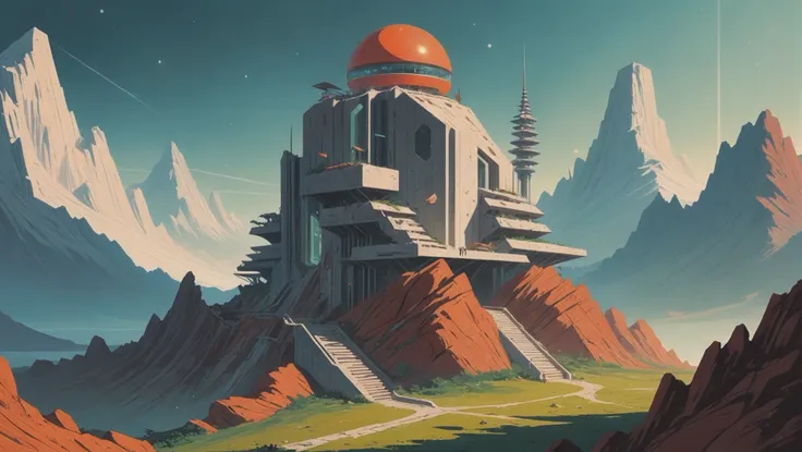 mid-century scifi, university in a ruined fantasy mountainside arcology outside of the universe, masterpiece, by Gia Nguyen Hoang (ukitakumuki)<lora:EnvyStarlightMidCenturyScifi01:1:1:lbw=SDXL_STYLE>