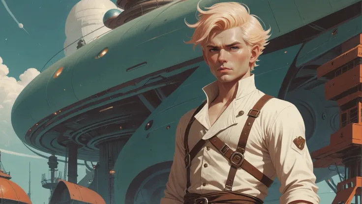 mid-century scifi, (full body:1.2), 1boy, man, ruggedly handsome, solo, [:epic costume design,:0.2] pirate, apron, albino, muted honeydew hair, (athletic:1) build, great smeltery in a galactic,far future scifi sky metropolis beyond the beginning of the multiverse, masterpiece<lora:EnvyStarlightMidCenturyScifi01:1:1:lbw=SDXL_STYLE>