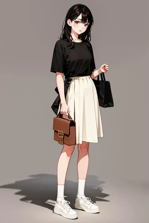 <lora:gz_20231024105619:0.9>,gz,1girl,solo,simple background,shirt,black hair,skirt,full body,short sleeves,holding,standing,white footwear,long hair,bangs,bag,