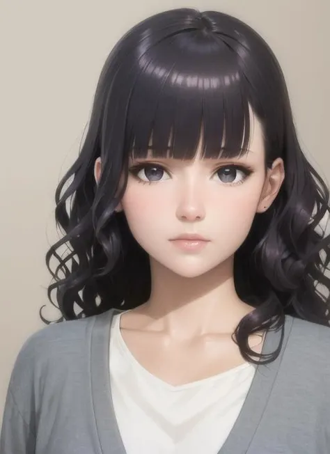 (realistic:1.5), 1girl, solo, <lora:gundou_misuzu-04:0.6>, gundou_misuzu, alternate hairstyle, wavy hair, medium hair, sidelocks,  japanese, teen, looking at viewer,  indoors, (shaded face), cardigan, grey cardigan, open cardigan, long sleeves, dress shirt, white shirt, portrait, messy hair, expressionless