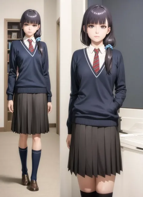 (realistic:1.5), 1girl, solo, <lora:gundou_misuzu-04:0.7>, gundou_misuzu, low ponytail, hair over shoulder, single sidelock, hair scrunchie, blue scrunchie, medium hair, hair strand, japanese, teen, looking at viewer, indoors, expressionless, shaded face, blue sweater, long sleeves, collared shirt, white shirt, necktie, black skirt, pleated skirt, medium skirt, kneehighs, black legwear, loafers, full body