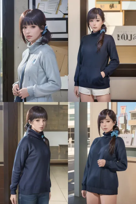 (realistic:1.5), 1girl, solo, <lora:gundouMisuzuTomoChanIs_v05:0.6> (gundou_misuzu), low ponytail, hair over shoulder, single sidelock, hair scrunchie, blue scrunchie, medium hair, hair strand, japanese, looking at viewer, outdoors, cowboy shot, indoors, expressionless, shaded face, blue sweater, long sleeves
