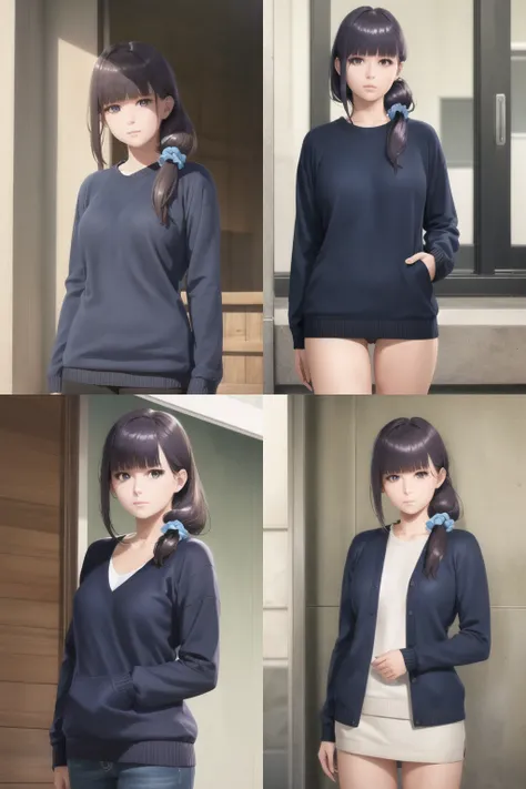 (realistic:1.5), 1girl, solo, <lora:gundouMisuzuTomoChanIs_v05:0.6> (gundou_misuzu), low ponytail, hair over shoulder, single sidelock, hair scrunchie, blue scrunchie, medium hair, hair strand, japanese, looking at viewer, outdoors, cowboy shot, indoors, expressionless, shaded face, blue sweater, long sleeves