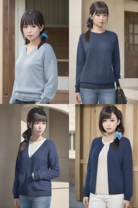(realistic:1.5), 1girl, solo, <lora:gundouMisuzuTomoChanIs_v05:0.6> (gundou_misuzu), low ponytail, hair over shoulder, single sidelock, hair scrunchie, blue scrunchie, medium hair, hair strand, japanese, looking at viewer, outdoors, cowboy shot, indoors, expressionless, shaded face, blue sweater, long sleeves