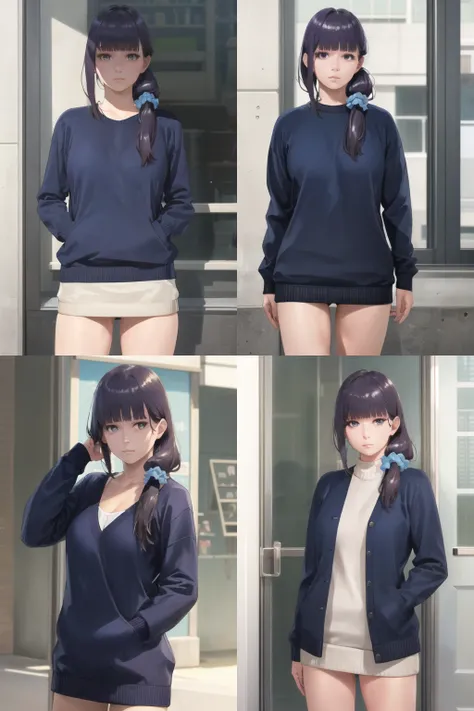 (realistic:1.5), 1girl, solo, <lora:gundouMisuzuTomoChanIs_v05:0.6> (gundou_misuzu), low ponytail, hair over shoulder, single sidelock, hair scrunchie, blue scrunchie, medium hair, hair strand, japanese, looking at viewer, outdoors, cowboy shot, indoors, expressionless, shaded face, blue sweater, long sleeves