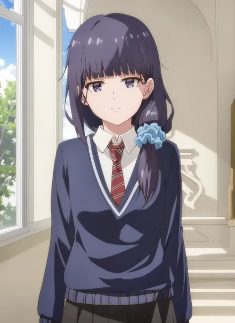 masterpiece, best quality, high quality, 1girl, solo, <lora:gundou_misuzu-04:1>, gundou_misuzu, low ponytail, hair over shoulder, single sidelock, hair scrunchie, blue scrunchie, medium hair, hair strand, blue sweater, long sleeves, collared shirt, white shirt, necktie, black skirt, pleated skirt, medium skirt, portrait, looking at viewer,  indoors, expressionless