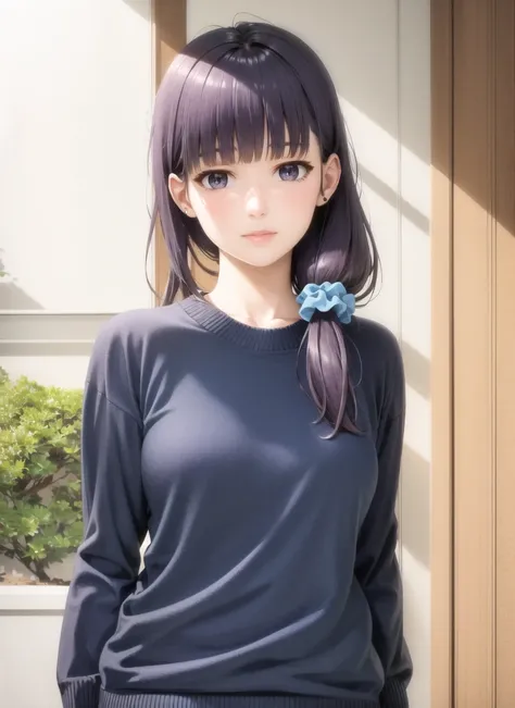 (realistic:1.5), 1girl, solo, <lora:gundou_misuzu-000009:0.6>, gundou_misuzu, low ponytail, hair over shoulder, single sidelock, hair scrunchie, blue scrunchie, medium hair, hair strand, japanese, looking at viewer, outdoors, cowboy shot, indoors, blue sweater, expressionless