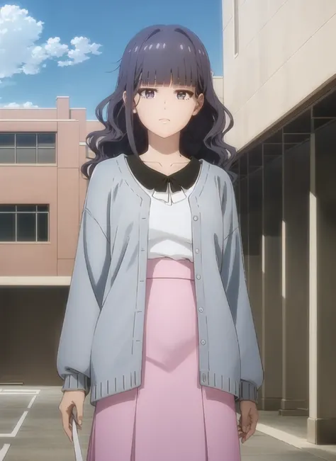 masterpiece, best quality, ultra-detailed, illustration, 1girl, solo, <lora:gundou_misuzu-04:1>, gundou_misuzu, alternate hairstyle, wavy hair, medium hair, sidelocks, cardigan, grey cardigan, open cardigan, long sleeves, dress shirt, white shirt, long skirt, pink skirt, looking at viewer, outdoors, sky, park, expressionless, (extremely detailed CG unity 8k wallpaper:1.1)