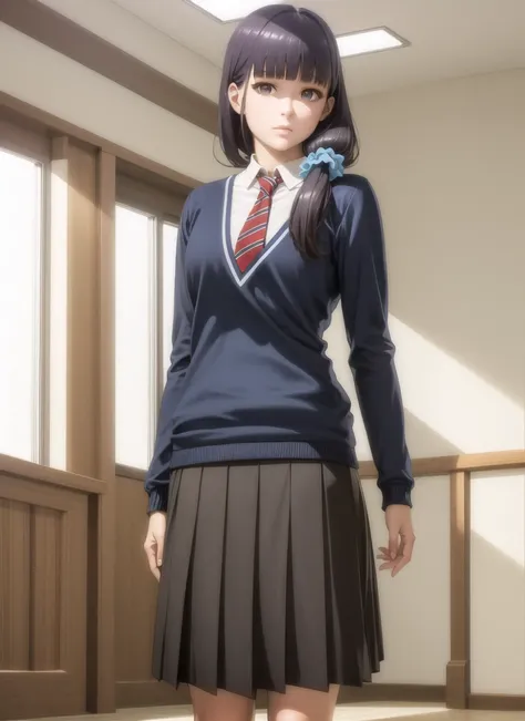 (realistic:1.5), 1girl, solo, <lora:gundou_misuzu-04:0.7>, gundou_misuzu, low ponytail, hair over shoulder, single sidelock, hair scrunchie, blue scrunchie, medium hair, hair strand, japanese, teen, looking at viewer, cowboy shot, indoors, expressionless, shaded face, blue sweater, long sleeves, collared shirt, white shirt, necktie, black skirt, pleated skirt, medium skirt, kneehighs, black legwear, loafers