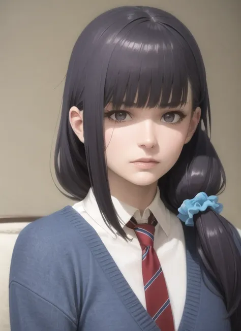 (realistic:1.5), 1girl, solo, <lora:gundou_misuzu-04:0.6>, gundou_misuzu, low ponytail, hair over shoulder, single sidelock, hair scrunchie, blue scrunchie, medium hair, hair strand,  japanese, teen, looking at viewer,  indoors, (shaded face), blue sweater, long sleeves, collared shirt, white shirt, necktie, portrait, angry, messy hair, ((disgust))