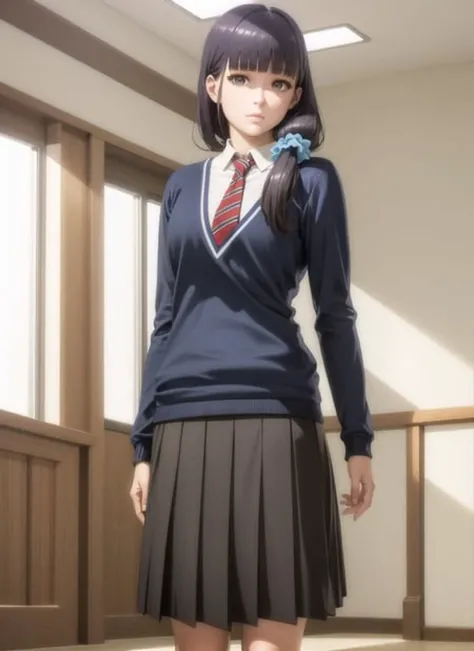 (realistic:1.5), 1girl, solo, <lora:gundou_misuzu-04:0.7>, gundou_misuzu, low ponytail, hair over shoulder, single sidelock, hair scrunchie, blue scrunchie, medium hair, hair strand, japanese, teen, looking at viewer, cowboy shot, indoors, expressionless, shaded face, blue sweater, long sleeves, collared shirt, white shirt, necktie, black skirt, pleated skirt, medium skirt, kneehighs, black legwear, loafers