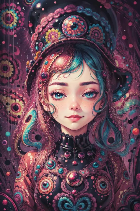 (psychedelic art:1.2), 1girl, upper body, hat, closed eyes, violet and indigo, cartoon, kawaii, large eyes, happy, stylish, ksmrm