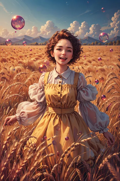 unreal quality, dream, heaven sent, a woman in a wheat field, bubbles, upper body, marroon and magenta, happy, stylish, ksmrm
