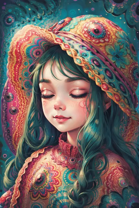 (psychedelic art:1.2), 1girl, upper body, hat, closed eyes, blue and aqua, cartoon, kawaii, large eyes, happy, stylish, ksmrm