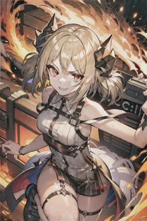 1girl, ifrit \(arknights\),  ifrit, masterpiece, best quality, 1girl,((European girl))),looking at viewer,Light golden hair ,horn , red eyes , sinister smile ,close mouth , Firm eyebrows