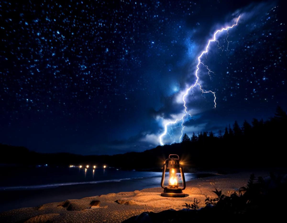 <lora:Starry_Scene:0.71> starryscene, outdoors, sky, night sky, star (sky), night time, midnight, noise offset, darkness, dark, night time, light particles, fire, black background, lanterns, lightning, electricity, <lora:detailer_pony_v4:1>