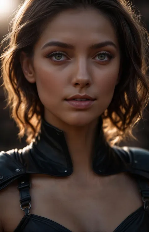colorful, cinematic close-up portrait of a young and stunning Tristanian Action Girl from a ridley scott . piercing grey eyes, soft smile, wearing a Action Girl outfit, bold makeup, glossy lips, detailed face, stunning beauty, detailed skin, skin texture. (silhouette lighting), (rembrandt lighting), sunshine behind her, highly detailed, insane details, hazy, medium format, film grain, 100mm focal length, shot on ALEXA LF <lora:detailed_closeup:0.7>