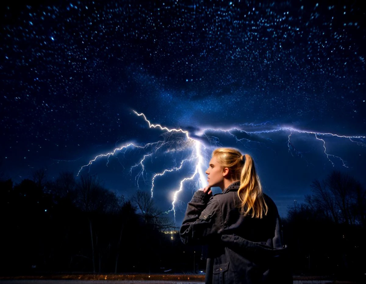 <lora:Starry_Scene:0.71> starryscene, outdoors, sky, night sky, star (sky), night time, midnight, noise offset, darkness, dark, night time, light particles, fire, black background, ((((closeup, real life, 1girl, solo, beautiful, sexy, blonde, dynamic pose, ponytail)))), lightning, electricity, <lora:detailer_pony_v4:1>