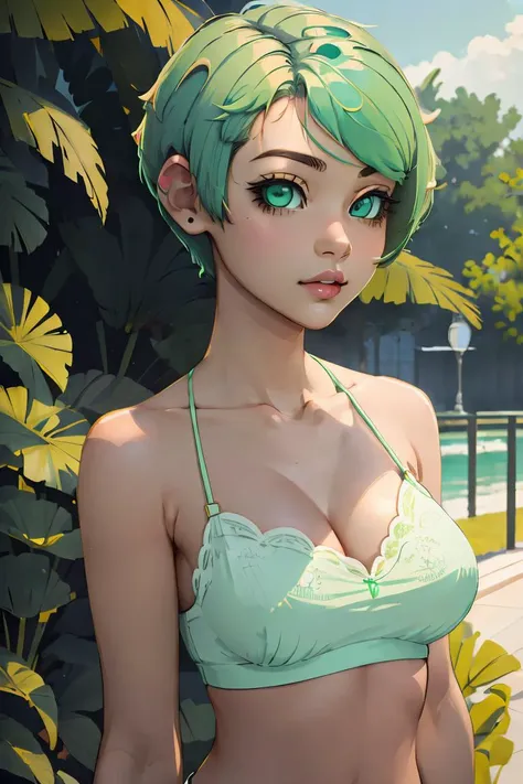 (masterpiece, best quality), 1girl, Mint Green Short Pixie Cut, Size DD breasts, <lora:K-Rha_style_v01.10.01:1>