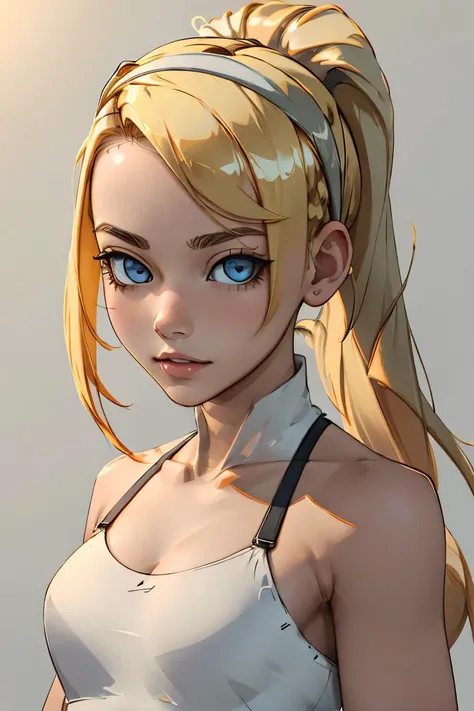 (masterpiece, best quality), 1girl, Blonde High Ponytail with Wrapped Hairband, Size A breasts,  <lora:K-Rha_style_v01.10.01:1>