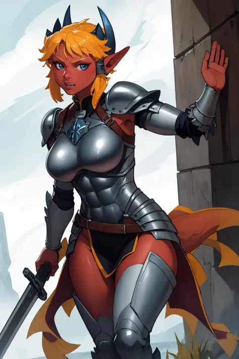 (masterpiece, best quality), outdoors, cowboy shot, 1girl, solo, Arklai, colored skin, tail, large breasts, <lora:ArklaiCroxot_V1-Manityro:1.0>, muscular, abs, biceps, battle cry, clenched hand, (charging forward), looking at viewer, breastplate, shoulder armor, leg armor, full armor, holding sword, weapon, holding weapon, <lyco:UnlimitedBladeWorks1.6:1.0>