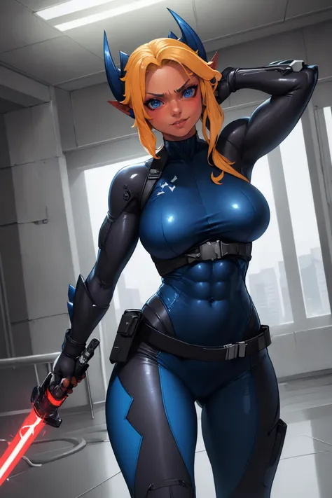 (masterpiece, best quality), indoors, summer, facility, cowboy shot, 1girl, solo, Arklai, colored skin, blue eyes, large breasts, <lora:ArklaiCroxot_V1-Manityro:1.0>, muscular, abs, smug, looking at viewer, tactical bodysuit, futuristic uniform, holding lightsaber, fighting stance,