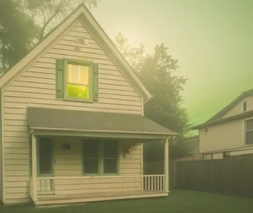 a house, <lora:fallenstylelora:1>, bloom, deep greens, lush, saturated colors, green sky, americ anfootball, bright light coming from the window, nighttime, night time, deep greens, night sky