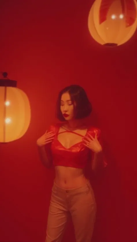 a woman standing wearing a crop top, <lora:fallenstylelora:1>, fallenstyle3, bloom, lush, red lantern