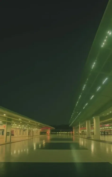 an empty airplane terminal at night, <lora:fallenstylelora:1>, bloom, deep greens, lush, saturated colors, green sky