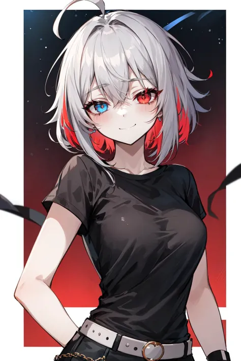 highres, highest quallity, 1girl, (adult:1.2), solo, ,medium_hair, (blank eyes:1.2), ahoge, (messy_hair:0.8), eye_shadow, grey_hair,multicolored hair, accessories, night sky, red_theme, red_eyeliner, glowing_eyes, striped_fashion, (beautiful woman, perfect face, perfect eyes, perfect female body, kkw-h-bb)1.5, seductive_smile, black_t-shirt, belt, bracelets