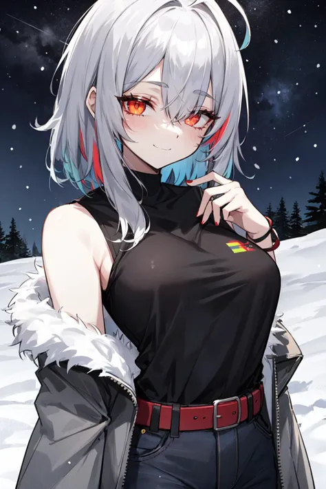 highres, highest quallity, 1girl, (adult:1.2), solo, ,medium_hair, (blank eyes:1.2), ahoge, (messy_hair:0.8), eye_shadow, grey_hair,multicolored hair, accessories, night sky, red_theme, red_eyeliner, glowing_eyes, striped_fashion, (beautiful woman, perfect face, perfect eyes, perfect female body, kkw-h-bb)1.5, seductive_smile, black_t-shirt, belt, bracelets, camp, snow, military_vest