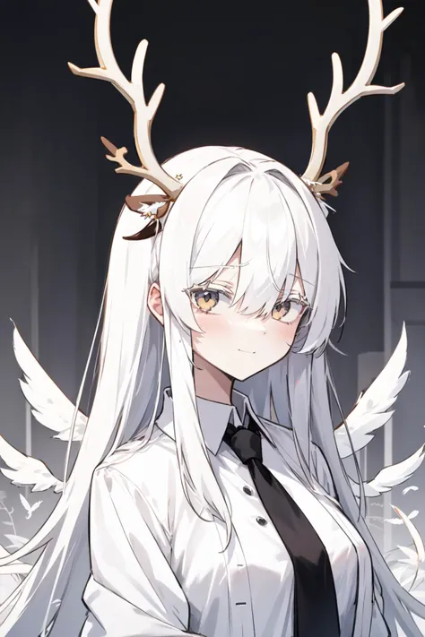 highres, highest quallity, 1girl, with angel wingsa ish childight, (white_eyes:1.2), white_blooming antlers, white_theme, white_eyelashes, (blank eyes:1.2), feathers, white_feathers, black_shirt, white_coat, white_necktie, light_smile, closed_mouth, (white_antlers:1.4), medium breasts, white_hair, hair_over_eye