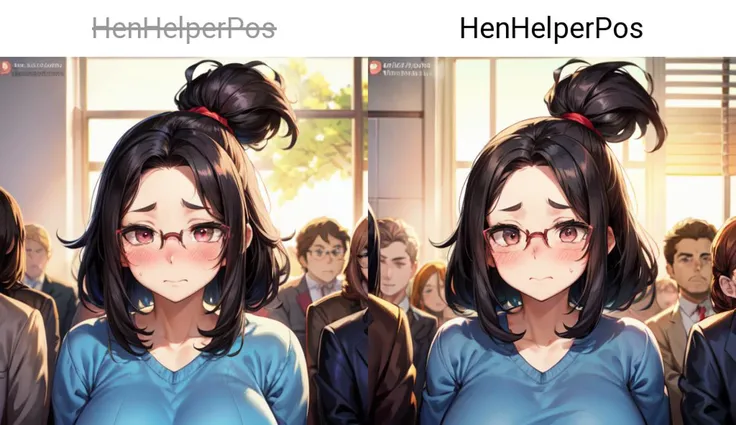 <lora:add_brightness:0.5><lora:add_detail:0.5>1 woman, curvy, embarrassed ,blush, forehead, black hair, glasses, upper body,