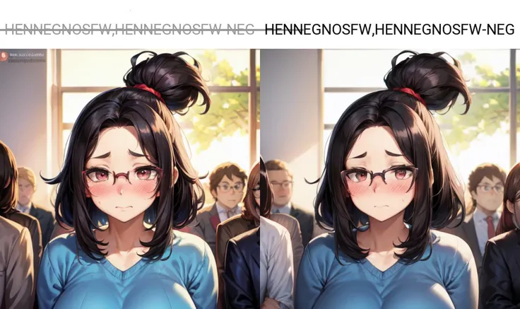 <lora:add_brightness:0.5><lora:add_detail:0.5>1 woman, curvy, embarrassed ,blush, forehead, black hair, glasses, upper body,