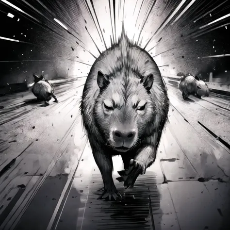 <lora:add_brightness:0.5><lora:add_detail:0.5> <lora:AnimeRage:1> <lora:capi:1> capybara,character focus, rage,chasing,running,speed lines, monochrome, looking at another, from behind,full body,