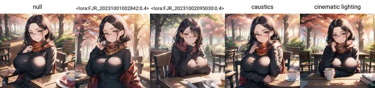 <lora:add_brightness:0.5><lora:add_detail:0.5>1 woman, large breast, smug,blush, forehead, black hair, glasses,
scarf, ribbed sweater,coat,
in the forest, under tree,tree shadow, wooden table and wooden chair, coffee,
autumn,
null