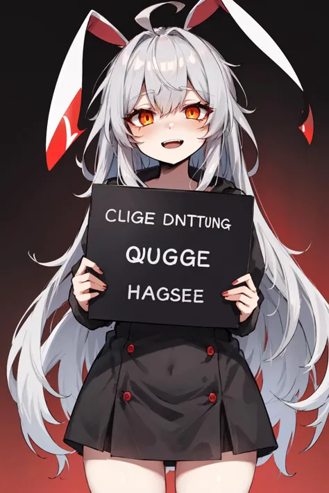 highres, highest quallity, 1girl, (adult:1.2), solo, straight hair, long_hair, (blank eyes:1.2), ahoge, (messy_hair:0.8), eye_shadow, orange_eyes, grey_hair, accessories, night sky, red_theme, red_eyeliner, glowing_eyes, seductive_smile, open_mouth, bunnygirl, mugshot, height chart, holding sign,