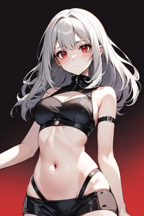 highres, highest quallity, 1girl, (adult:1.2), solo, solo_focus, 1girl, grey_hair, red_eyes, black_background, cowboy shot, (sexy, beautiful woman, perfect face, perfect eyes, perfect female body, kkw-h-bb)1.5,