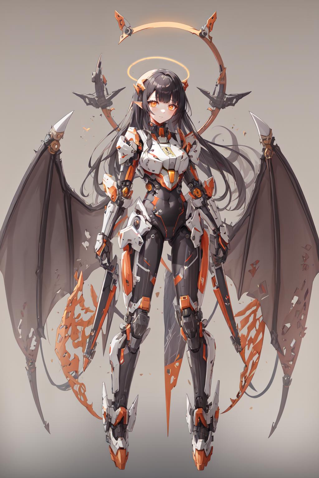 A woman in a futuristic outfit with wings and a halo - SeaArt AI