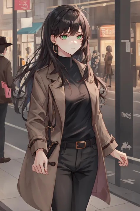 highres, highest quallity, 1girl, (adult:1.2), solo, solo_focus, black_hair, green_eyes, black_shirt, black_pants, brown_coat, modern, street, night, straight_hair, long_hair, pink lips, cowboy shot, earrings, closed mouth,