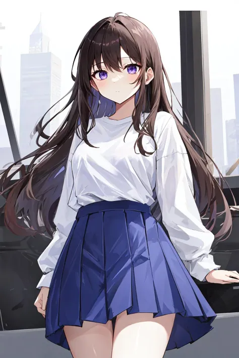 highres, highest quallity, 1girl, adult, solo, solo_focus, straight_hair, white_background, long_hair, white_shirt, blue_skirt, purple_eyes, brown_hair