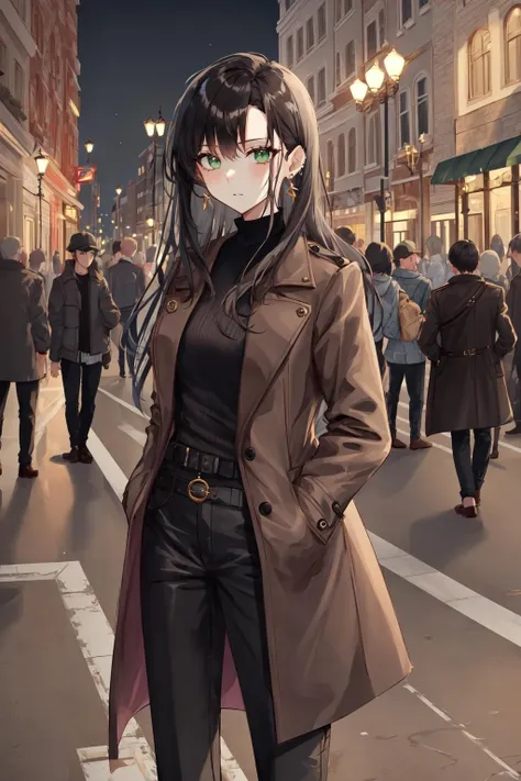 highres, highest quallity, 1girl, (adult:1.2), solo, solo_focus, black_hair, green_eyes, black_shirt, black_pants, brown_coat, modern, street, night, straight_hair, long_hair, pink lips, cowboy shot, earrings, closed mouth,