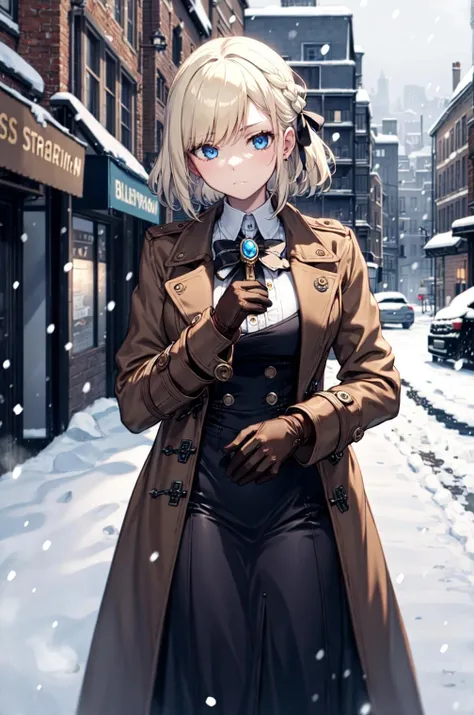 highres, highest quallity, 1girl, adult, solo, solo_focus, platinum blonde hair, blue_eyes, brooch, snowing, snow, city, steampunk, steam, brown_coat, braid, brown_gloves, hair_ribbon, breath,