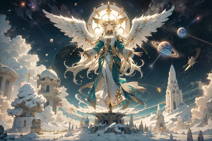 highres, highest quallity, 1girl, adult, levitation, planet, mythical, elemental, giant, god, stardust, meteor shower, straight_hair, platinum blonde hair, green_eyes, goddess of victory: nikke, glowing, space, goddess, long_hair, wing ornament, angel_wings, big_wings,